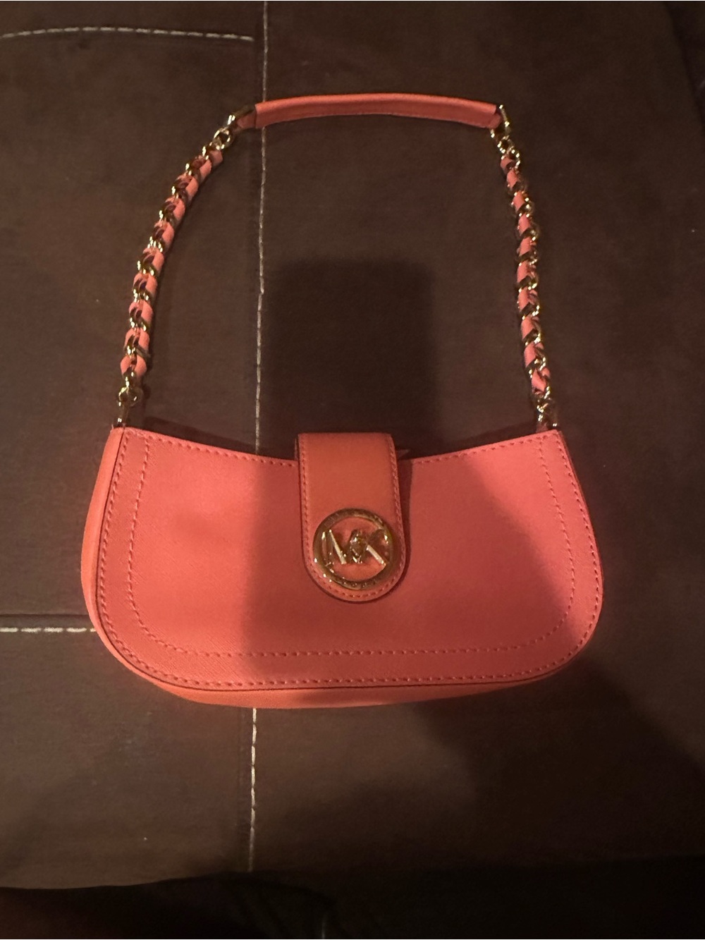 Michael Kors Coral Pink Leather Shoulder Bag with Gold Chain Detail